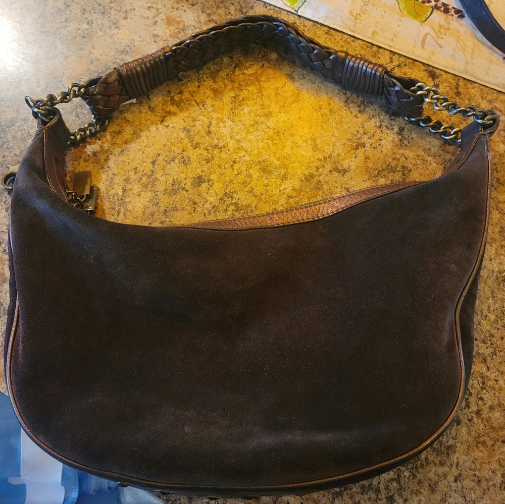 Donald Pliner Brown Suede Leather Studded Hobo Handbag